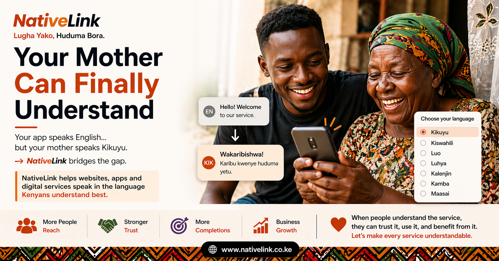 NativeLink poster showing language accessibility for families and digital services